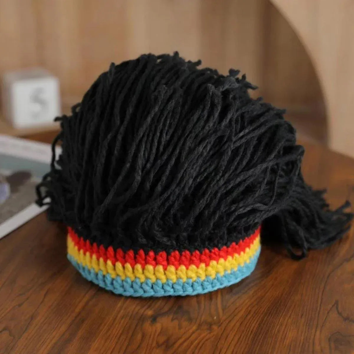 1-Piece Black Knitted Novelty Wig Hat