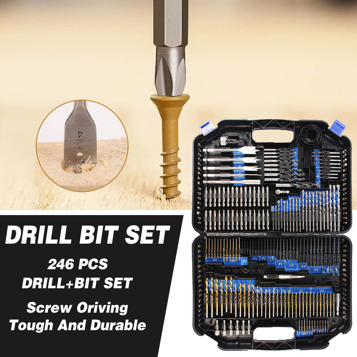 246pcs Drill Bit Set Hole Opener Drills Kit Metal Wood Plastic DIY Power Tools