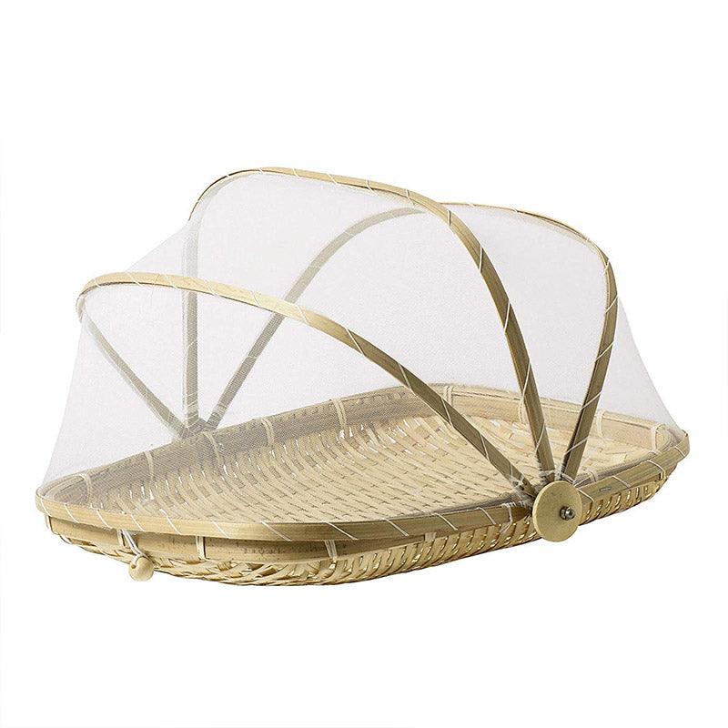 Bamboo Baskets Tray Anti Bug Food Fruit Storage Container with Mesh Cover