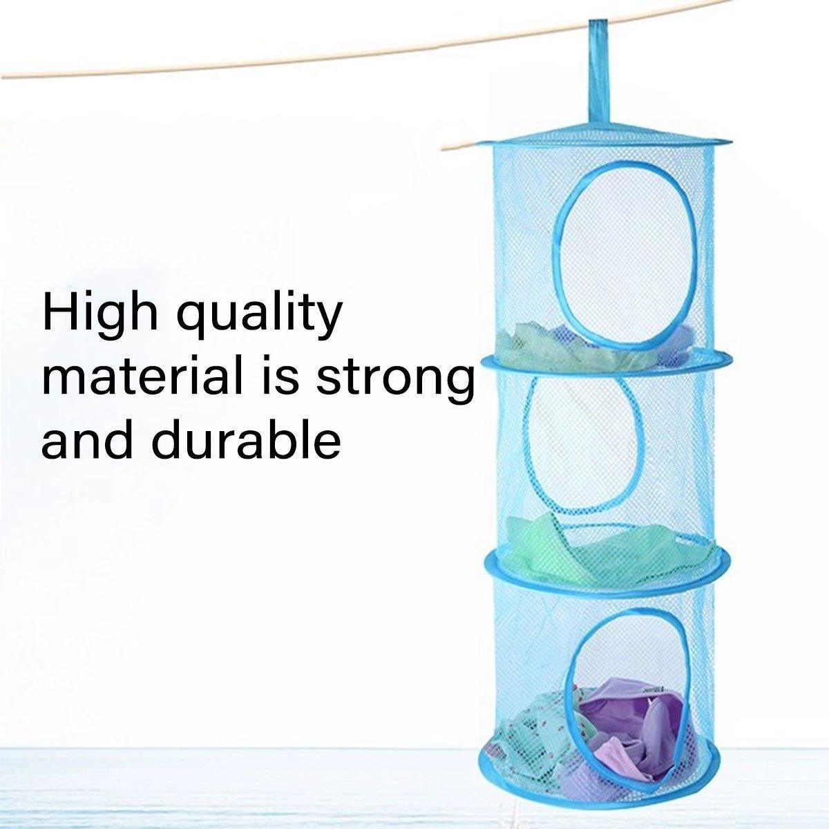 Foldable Clothes Drying Basket Three-layer Hanging Storage Breathable Organizer - Blue
