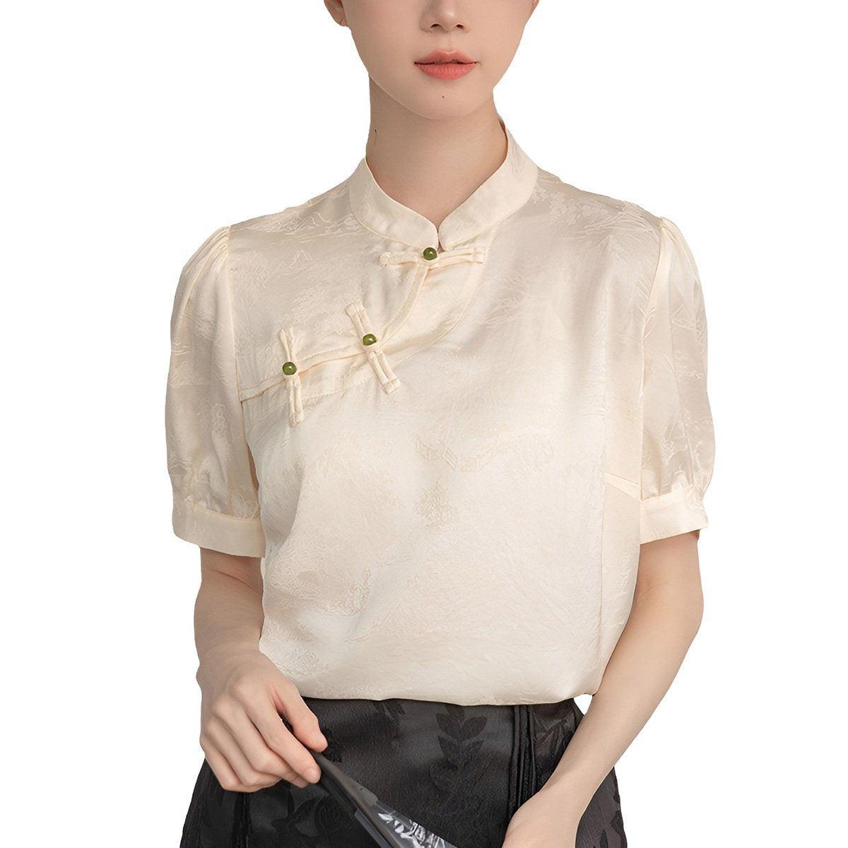 Women Satin Short Sleeve Blouse Chinese Button Top New Fashion Shirt Ladies - S