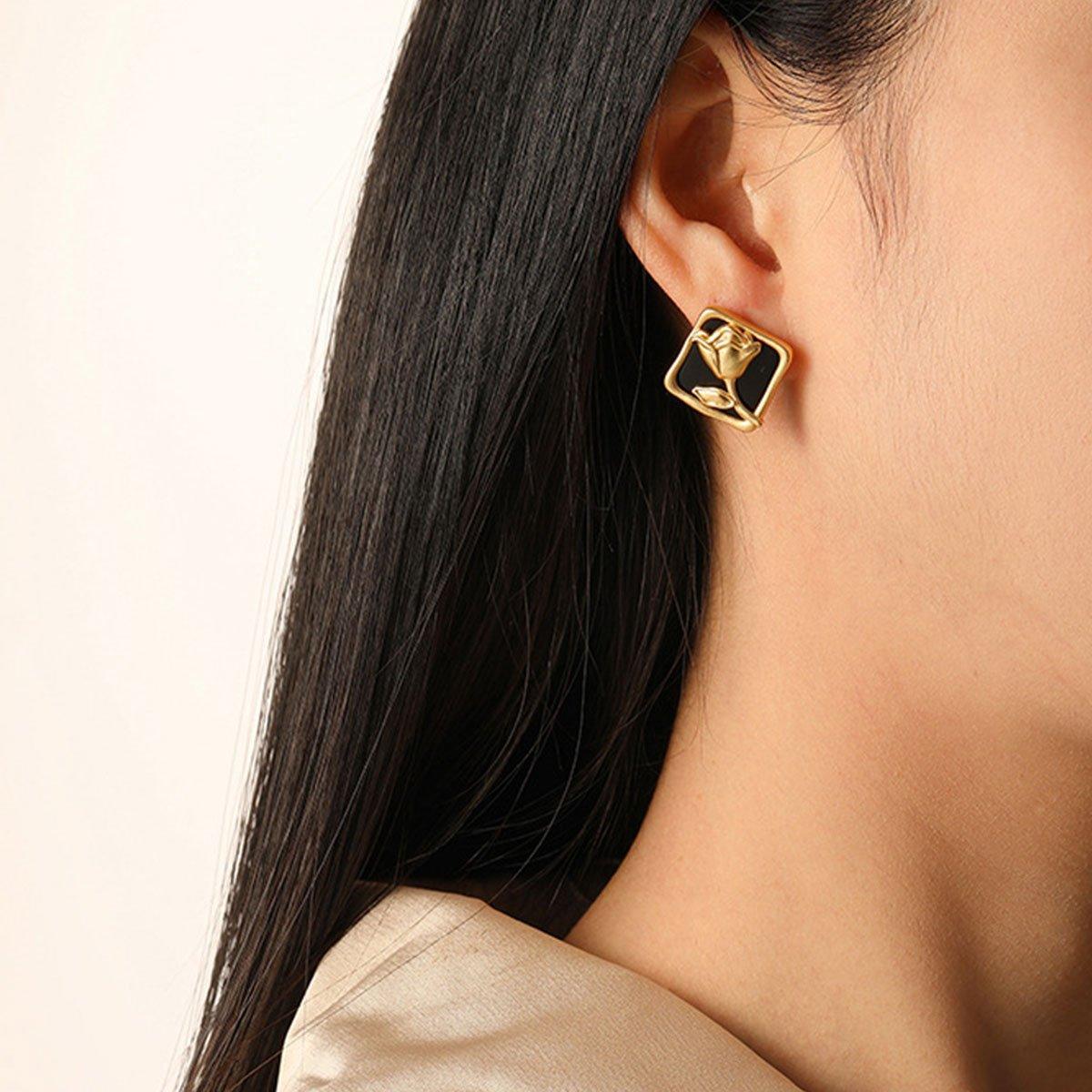 Vintage Matte Black Rose Square Stud Earrings Elegant Fashion Jewelry Women