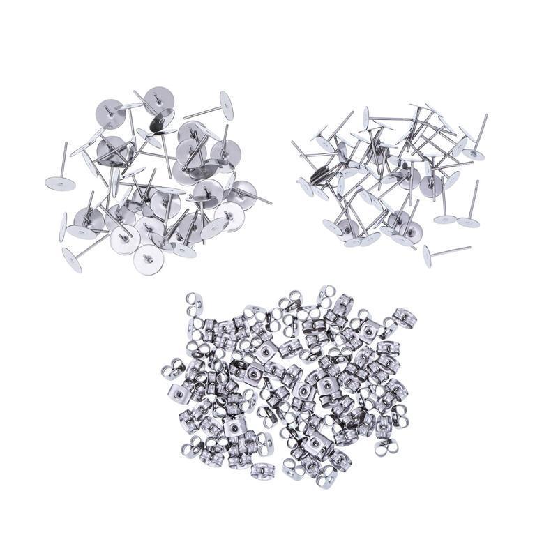 50/100/200PCS Earring Stud Posts Pads+Nut Backs Silvery Surgical Steel DIY Craft 4MM - 50PCS (50xpads&50xbacks)