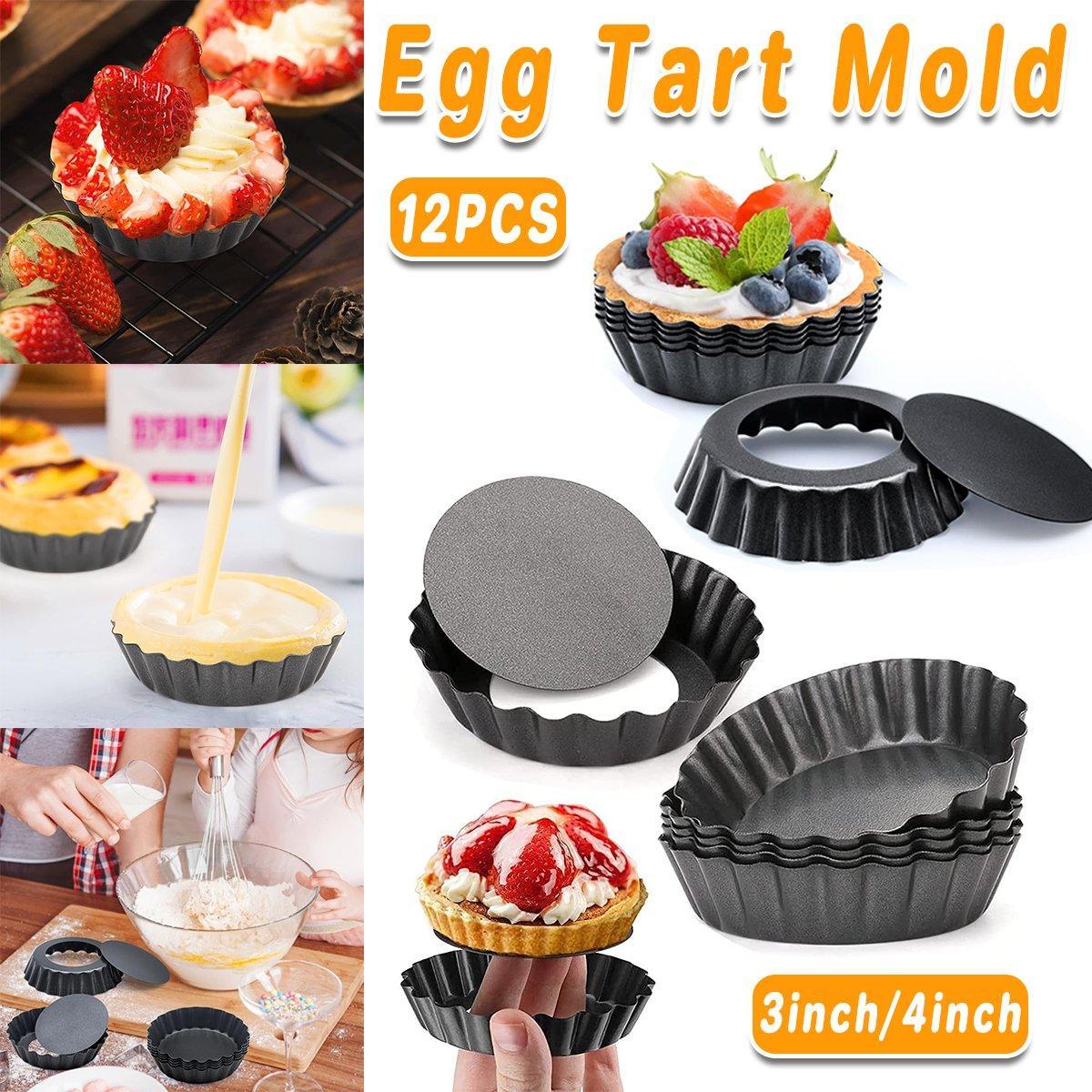 12PCS Mini Detachable Tart Mold Baking Cake Pan Nonstick Bottom Cupcake Molds - 4inch
