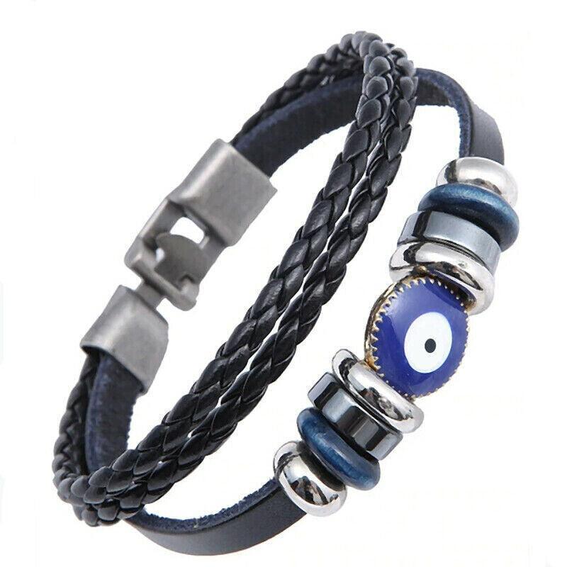 Evil Eye Greek Mati Turkish Nazar Weaved Leather Bracelet Cuff Jewelry