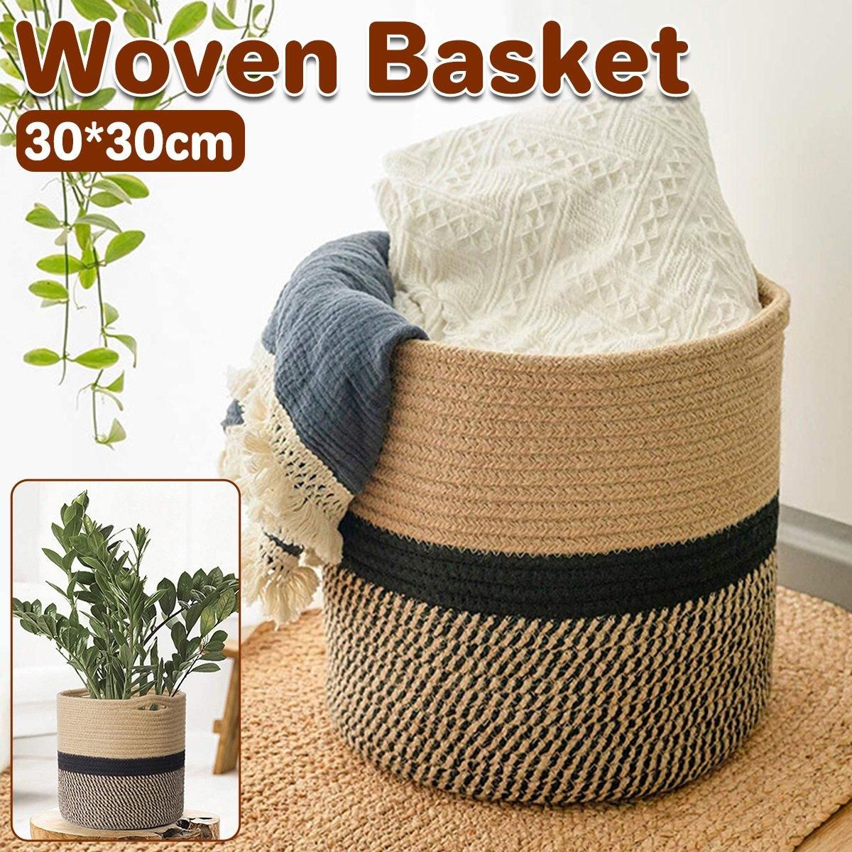 1-Piece 30 cm Woven Cotton Rope Storage Basket, Black and Beige