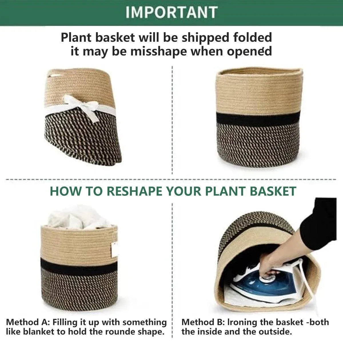 1-Piece 30 cm Woven Cotton Rope Storage Basket, Black and Beige