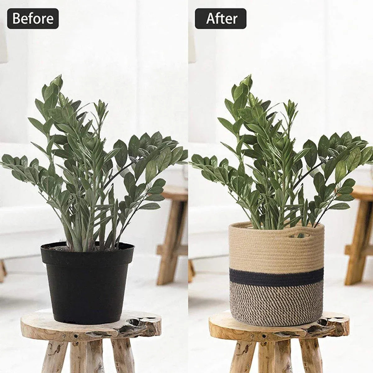 1-Piece 30 cm Woven Cotton Rope Storage Basket, Black and Beige