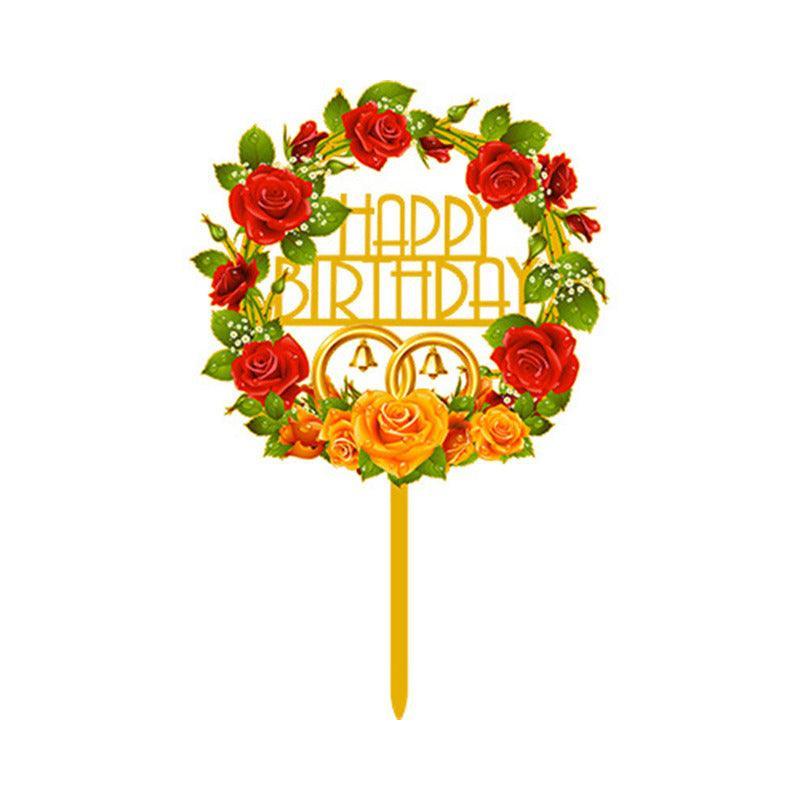Happy Birthday Anniversary Wedding Cake Flowers Topper Acrylic Party Decorations - NO.01