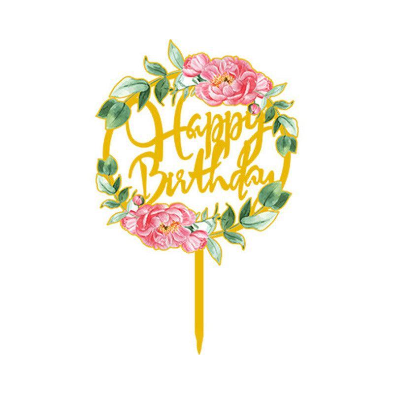 Happy Birthday Anniversary Wedding Cake Flowers Topper Acrylic Party Decorations - NO.02