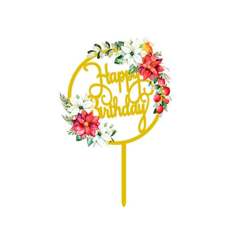 Happy Birthday Anniversary Wedding Cake Flowers Topper Acrylic Party Decorations - NO.02