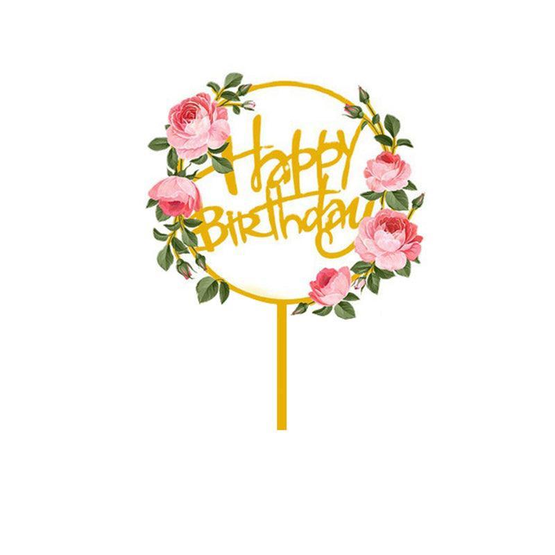 Happy Birthday Anniversary Wedding Cake Flowers Topper Acrylic Party Decorations - NO.08