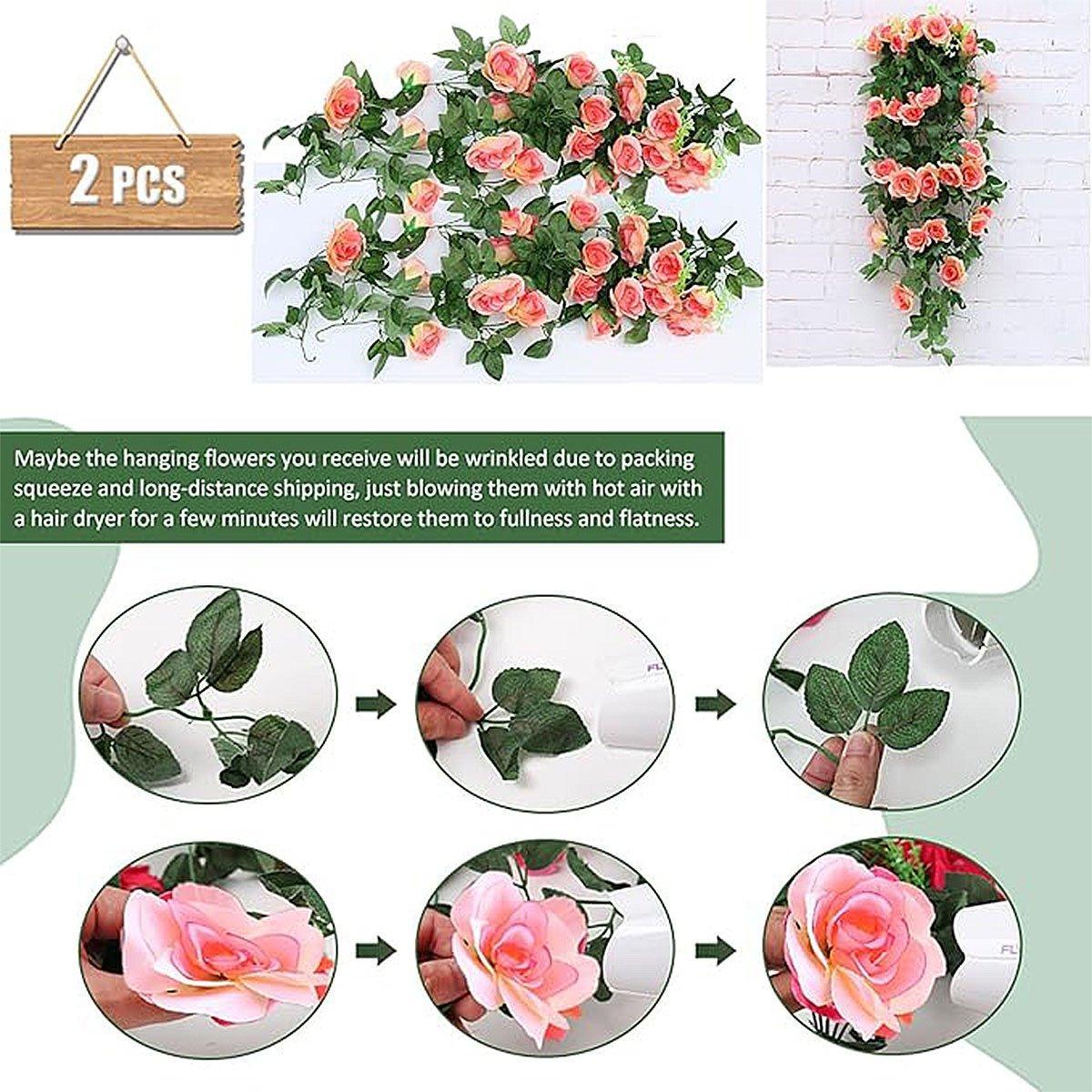 2PCS Artificial Rose Flower Garland Hanging Vine Home Wall Decor Fake Rattan - Purple