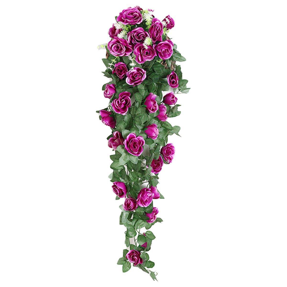 2PCS Artificial Rose Flower Garland Hanging Vine Home Wall Decor Fake Rattan - Purple