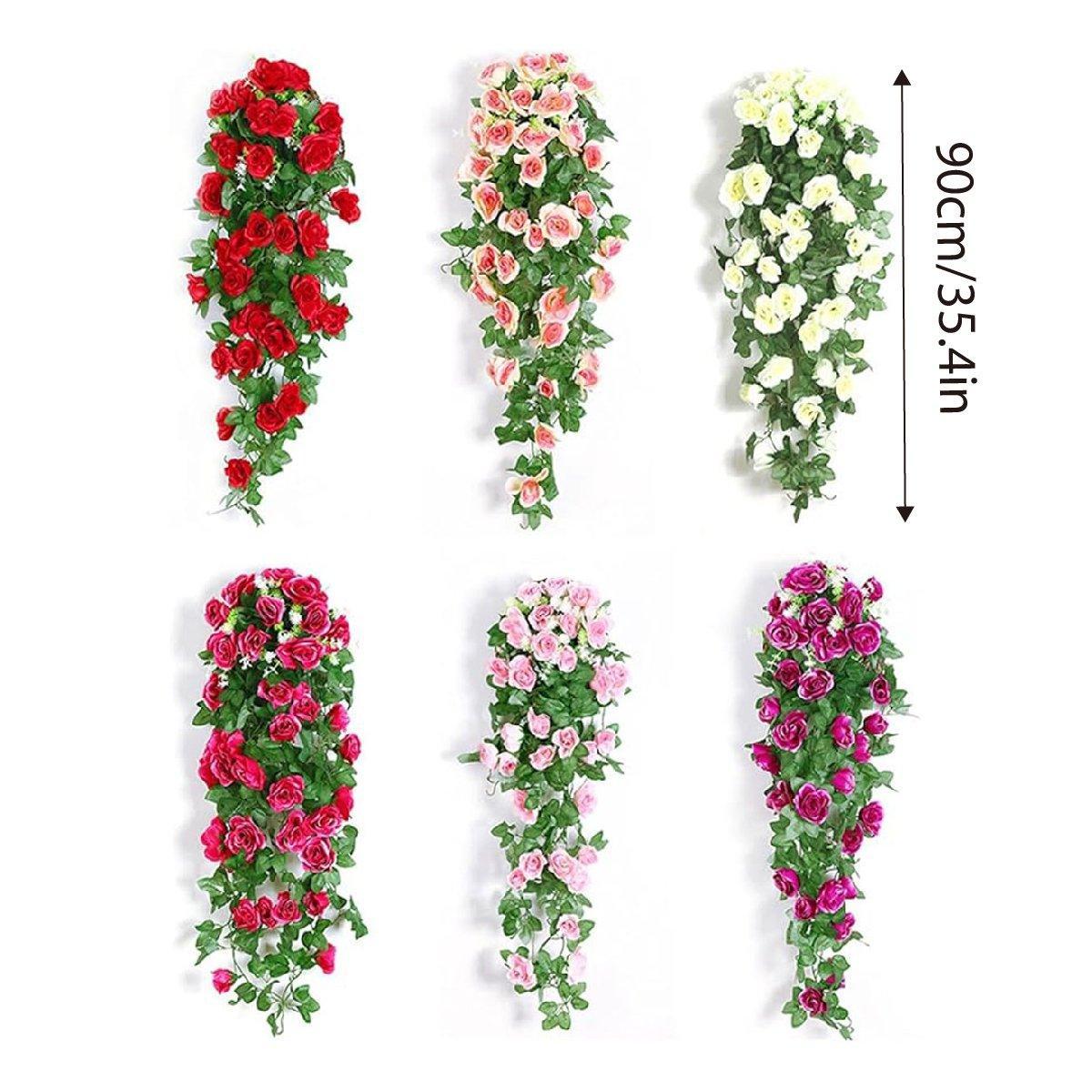 2PCS Artificial Rose Flower Garland Hanging Vine Home Wall Decor Fake Rattan - Red