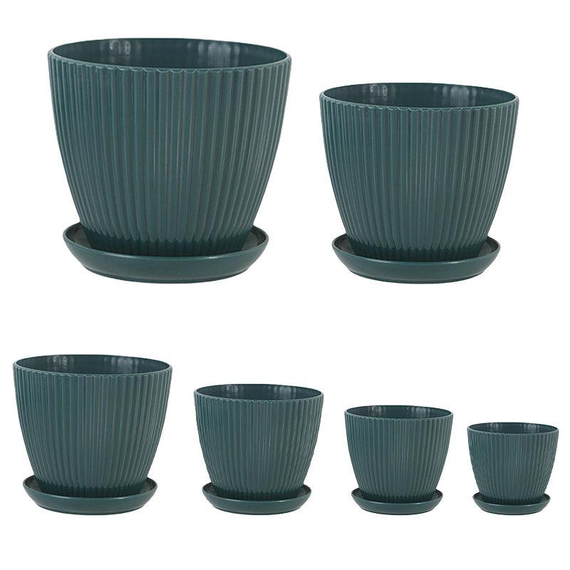 6PCS Simple Plastic Round Plant Pots Vertical Stripes Flower Pot Green Gardening - Green