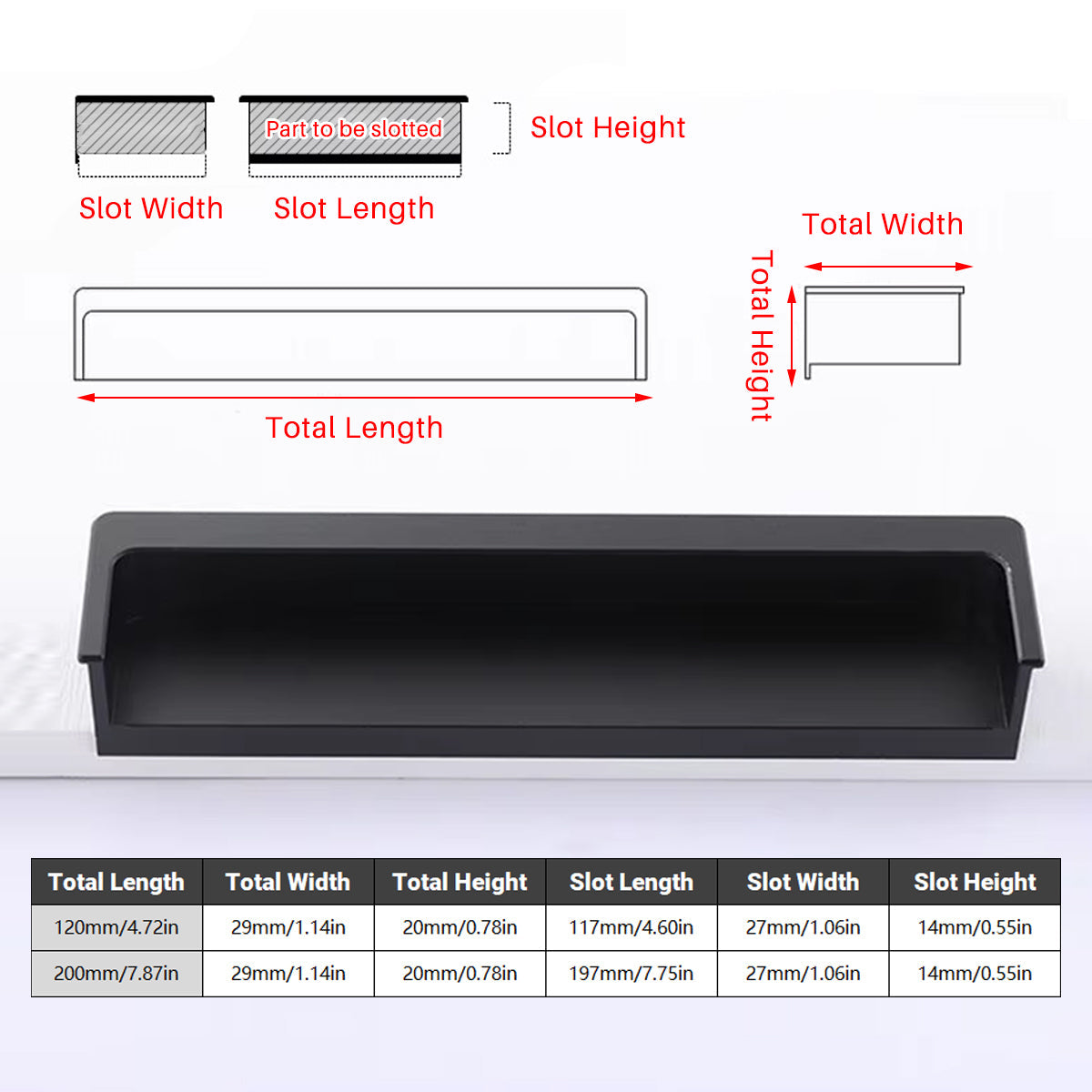 Hidden Recessed Cabinet Handle 120mm 200mm Slotted Drawer Door Pull Furniture - Black-120mm