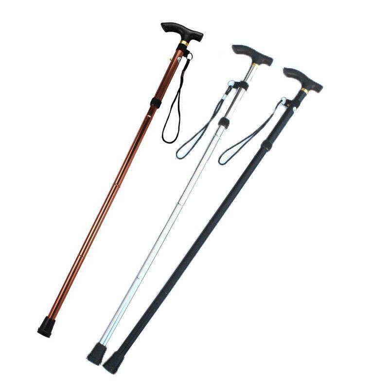 Folding Walking Stick Travel Cane Adjustable Height 82 to 92cm Aluminium Anti Slip - Silver
