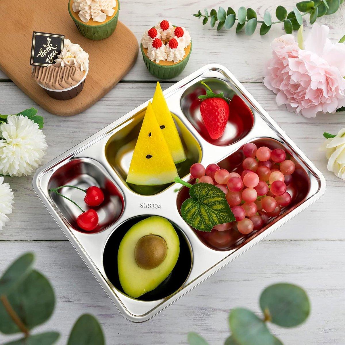 8pcs Stainless Steel Divided Dinner Plates Square Fast Food Plate for Students