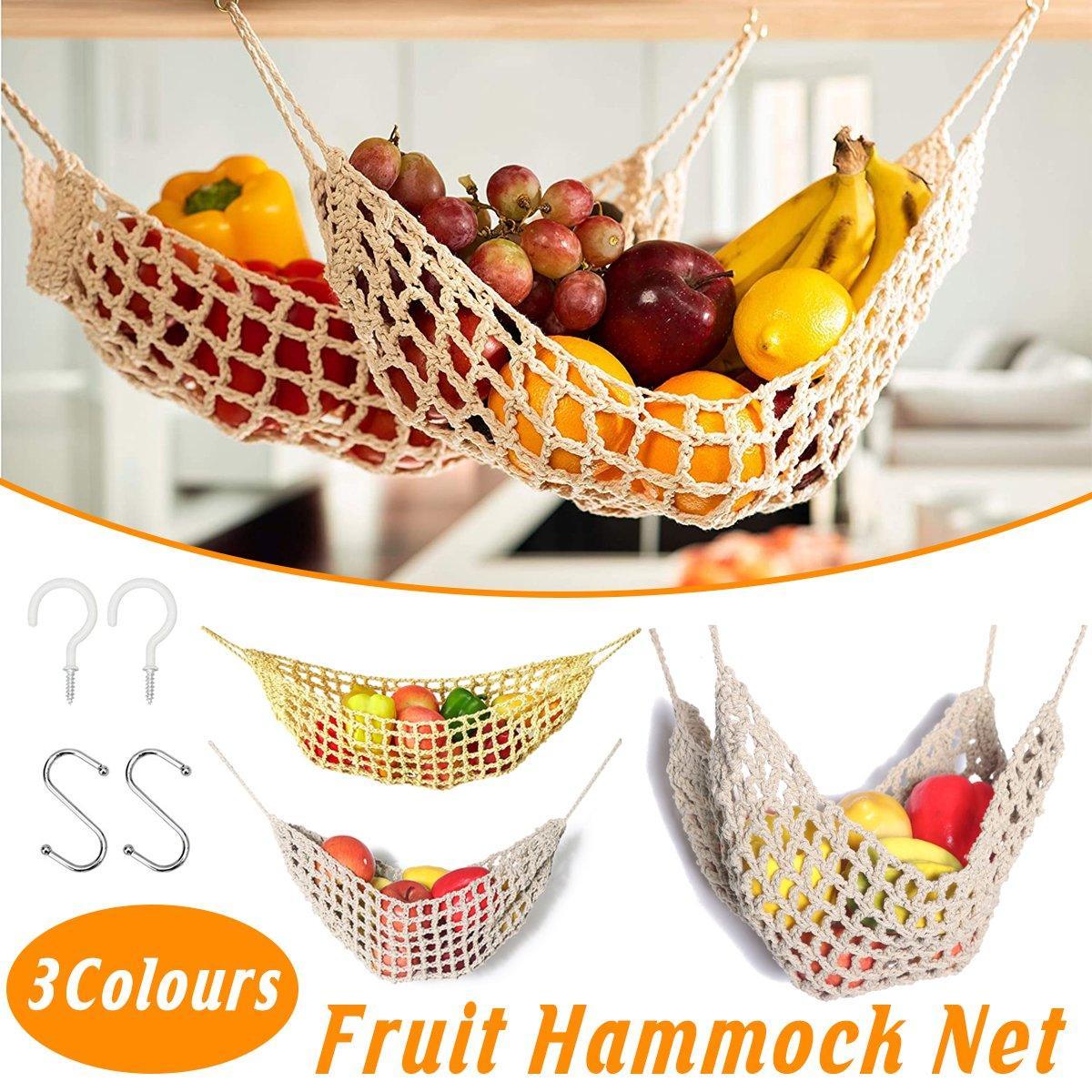 Under Desk Hanging Fruit Basket Kitchen Storage Net Home Organizer for Fruits - White