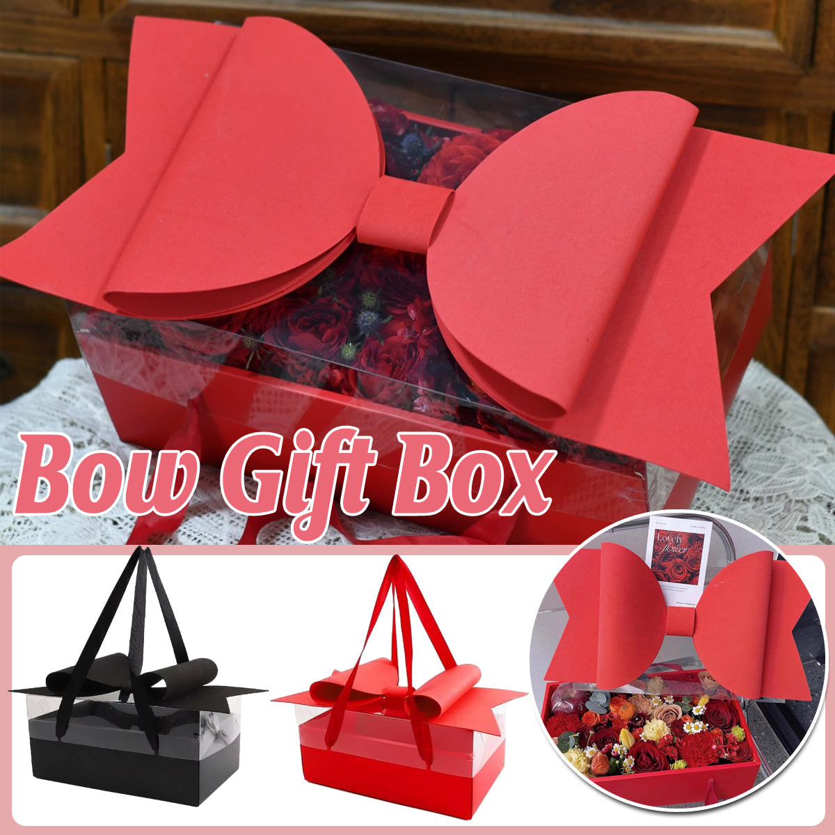 Clear Handheld Flower Gift Box Bow Fruit Flower Packaging Display Box Floral - Red