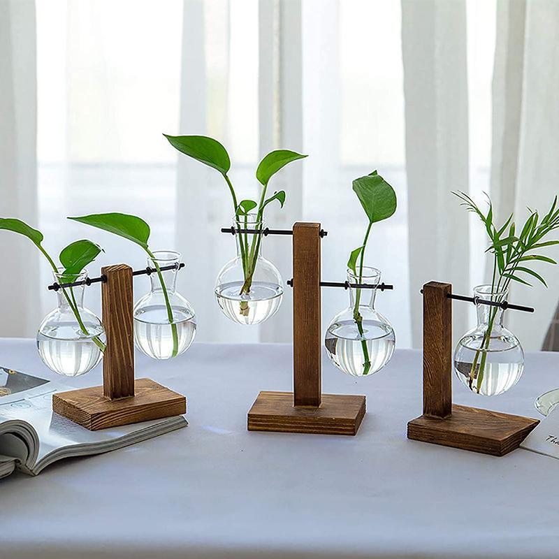 Wooden Stand Glass Flower Vase Hydroponic Hanging Plant Terrarium Container - C