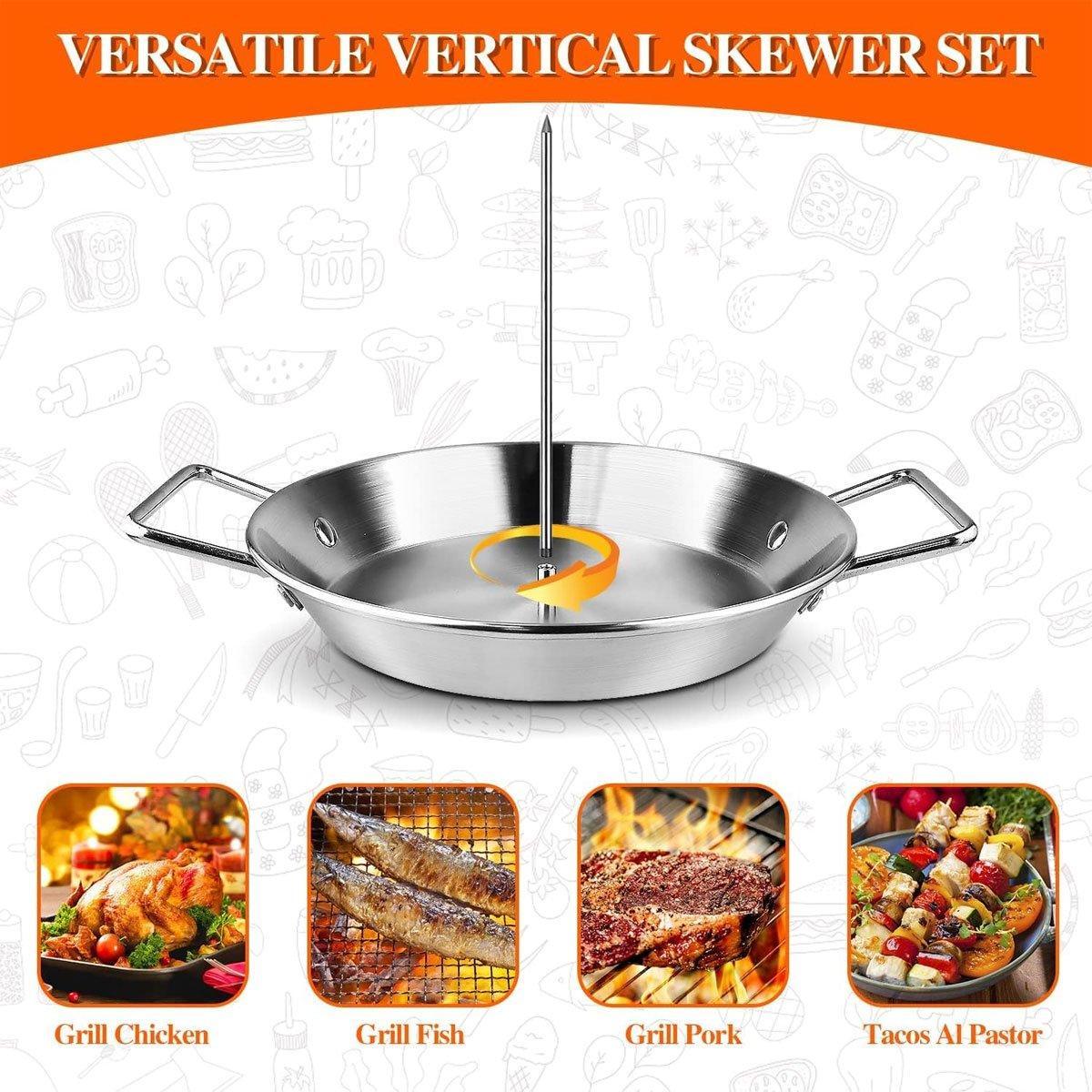 Stainless Steel BBQ Rotisserie Pan Kit Accessories with 3 Removable Iron Skewers