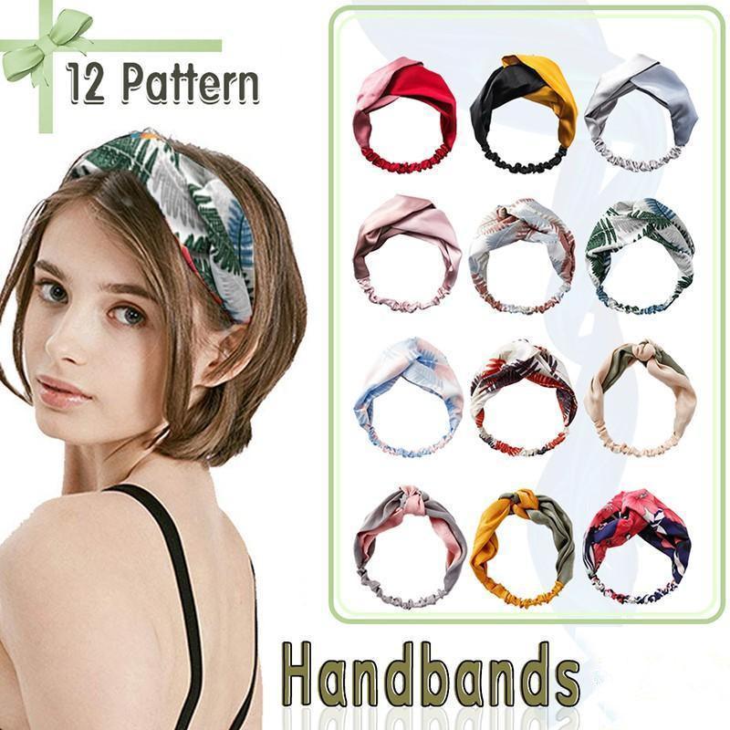 Women Chiffon Floral Print Headband Fashion Bohemian Elastic Cross Hair Bands - B-Pink+Blue