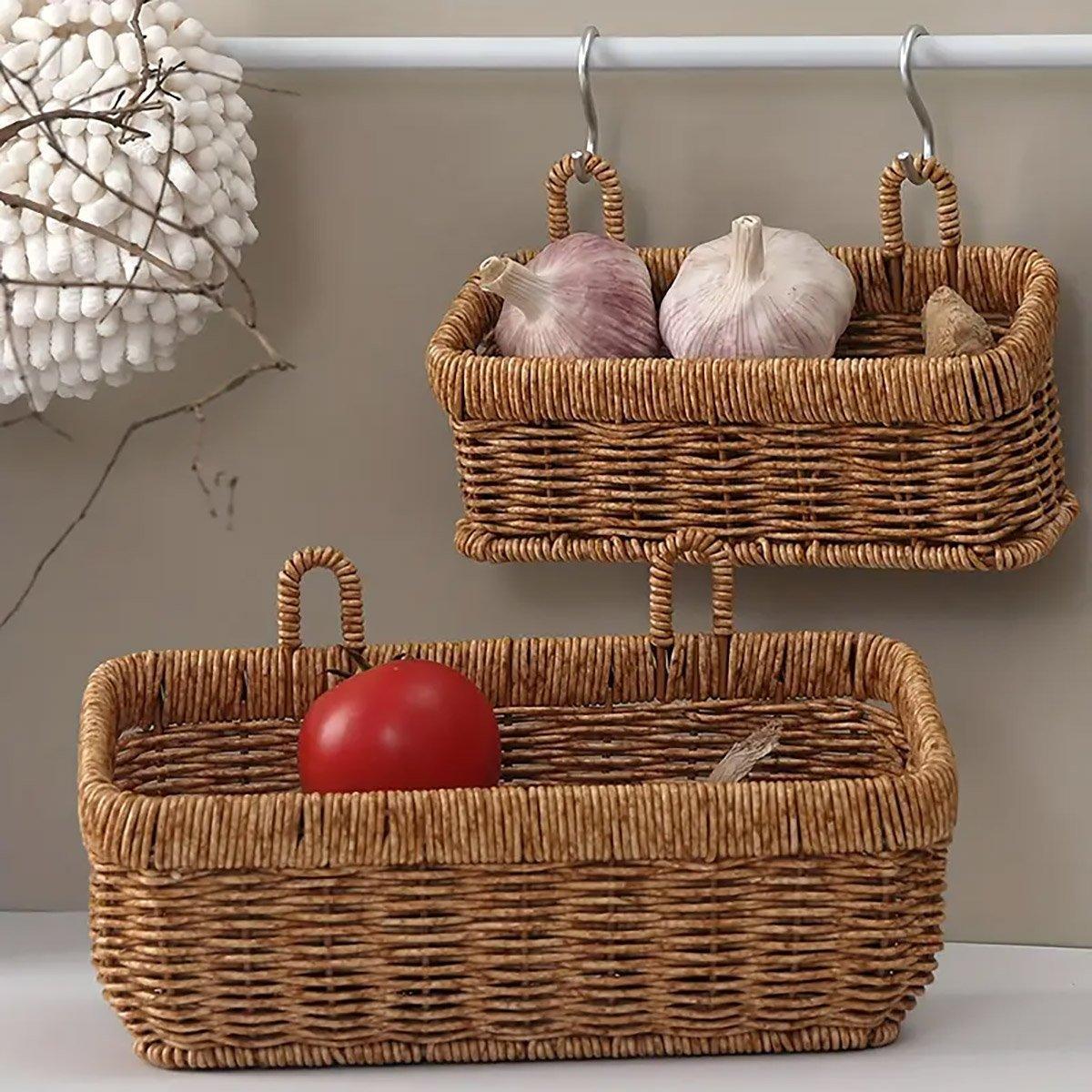 Wall-Mounted Rattan Style Hanging Storage Basket Kitchen Vegetable Fruit Basket - Large