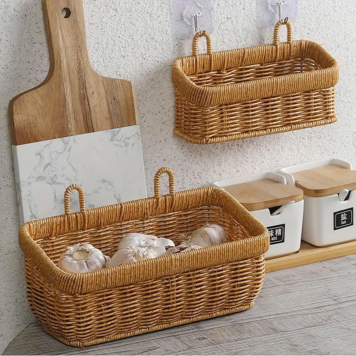 Wall-Mounted Rattan Style Hanging Storage Basket Kitchen Vegetable Fruit Basket - Small