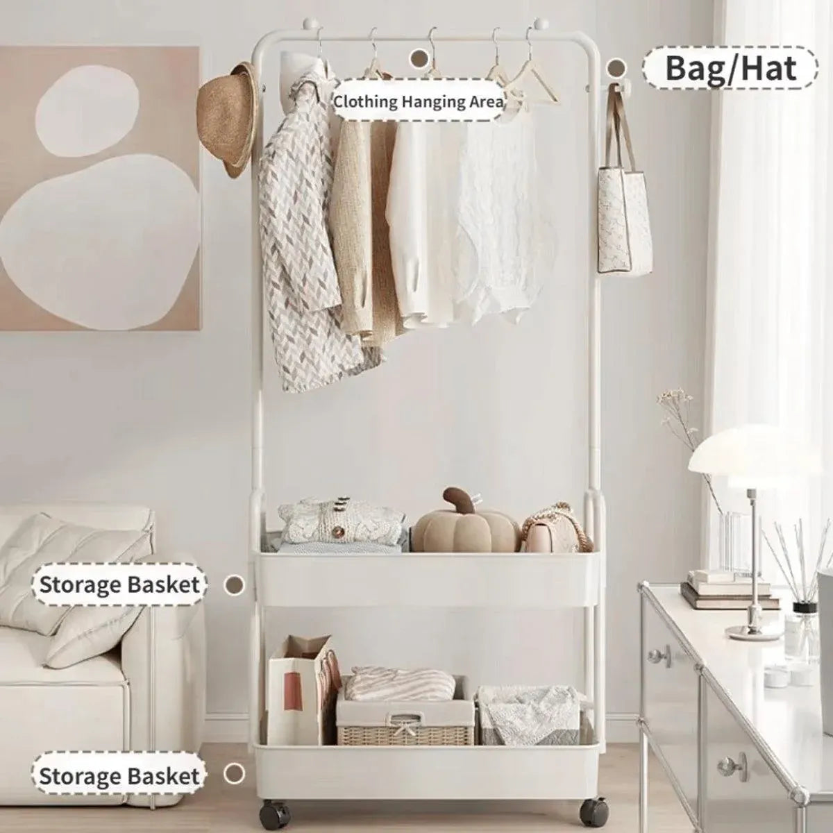 1-Piece Mobile Clothes Rack with Rail and Storage Baskets, White