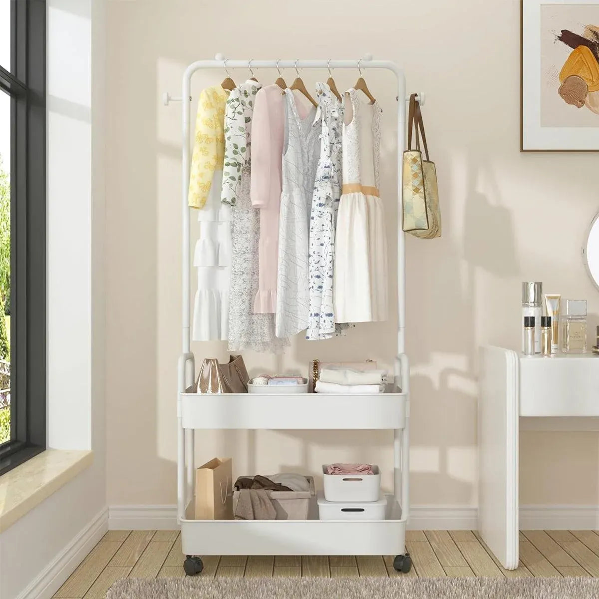 1-Piece Mobile Clothes Rack with Rail and Storage Baskets, White