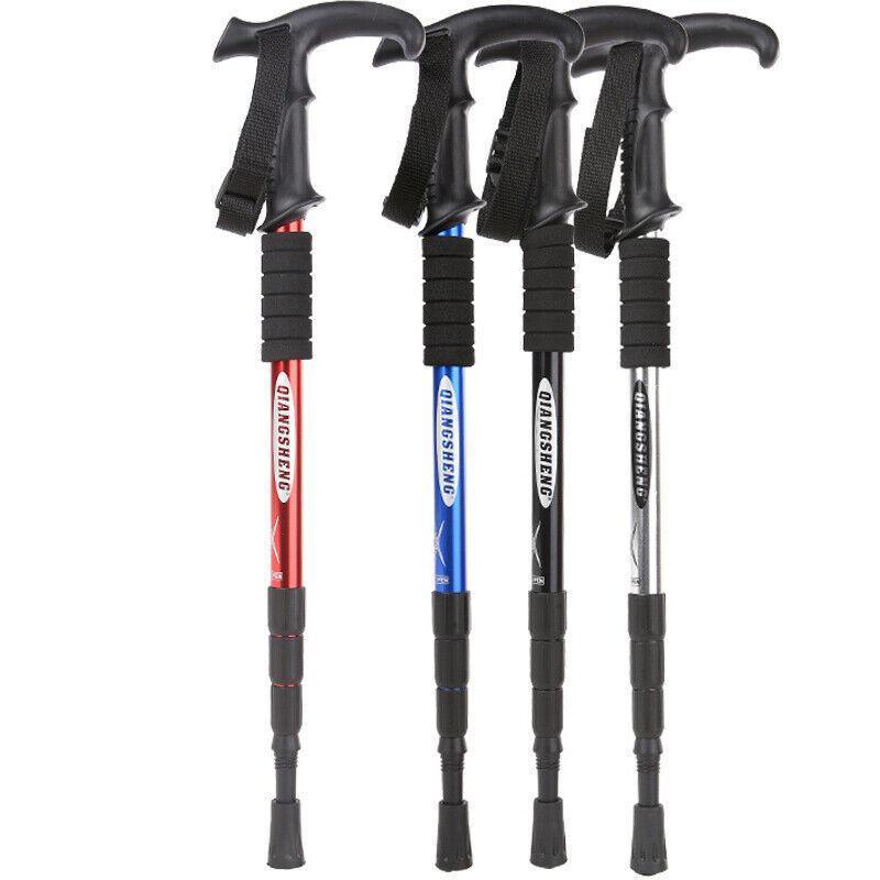Folding Walking Stick Telescopic Adjustable Antishock Hiking Grip Pole Trekking - Red