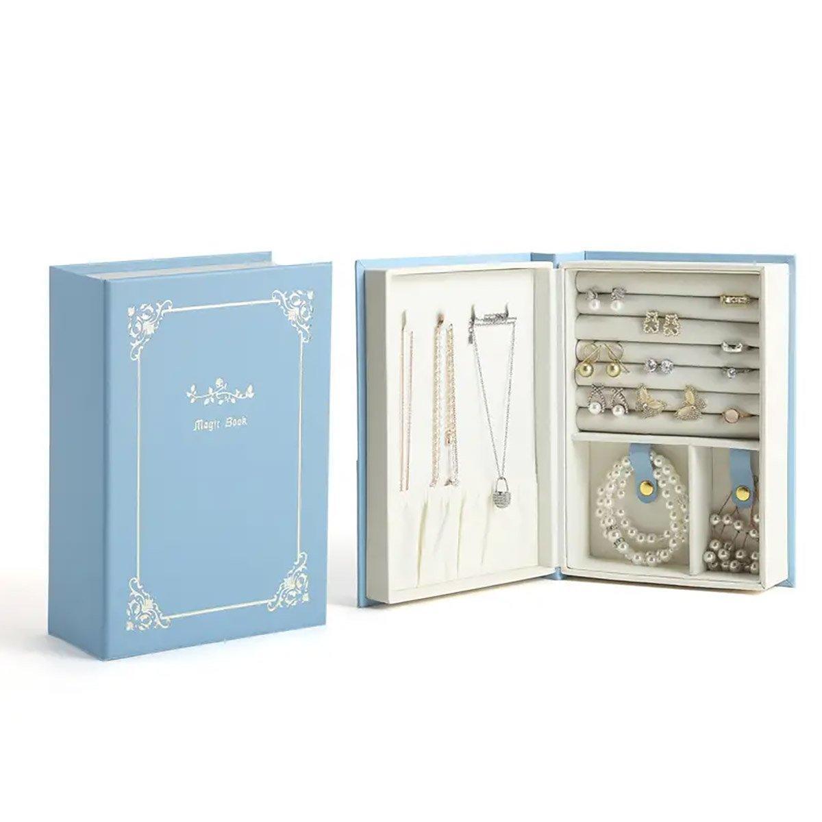 Creative PU Leather Jewelry Box Book Earrings Rings Necklace Organizer Holder - Green