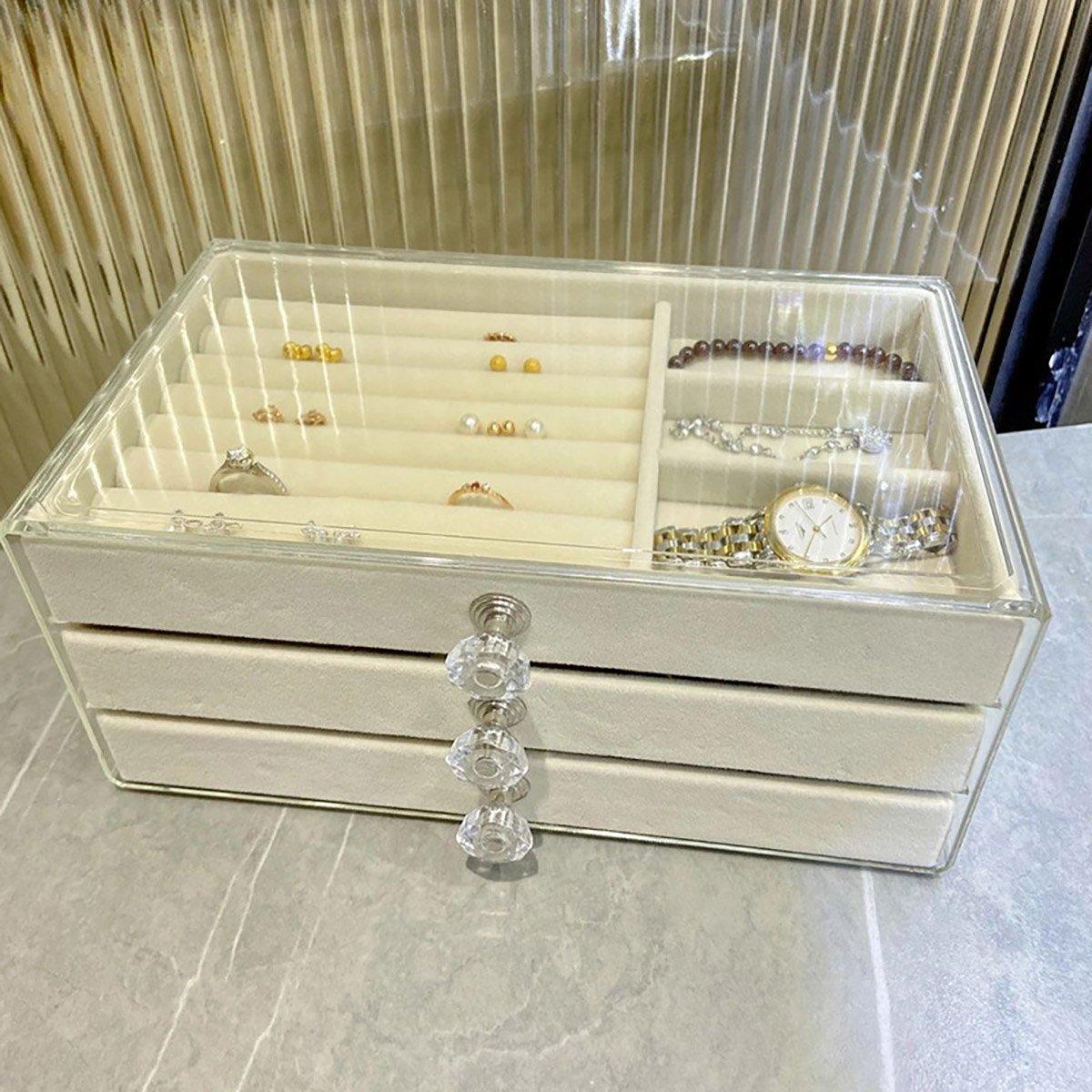 Three Layer Flannel Jewelry Storage Box Dustproof Drawer Organizer for Earrings - Grey