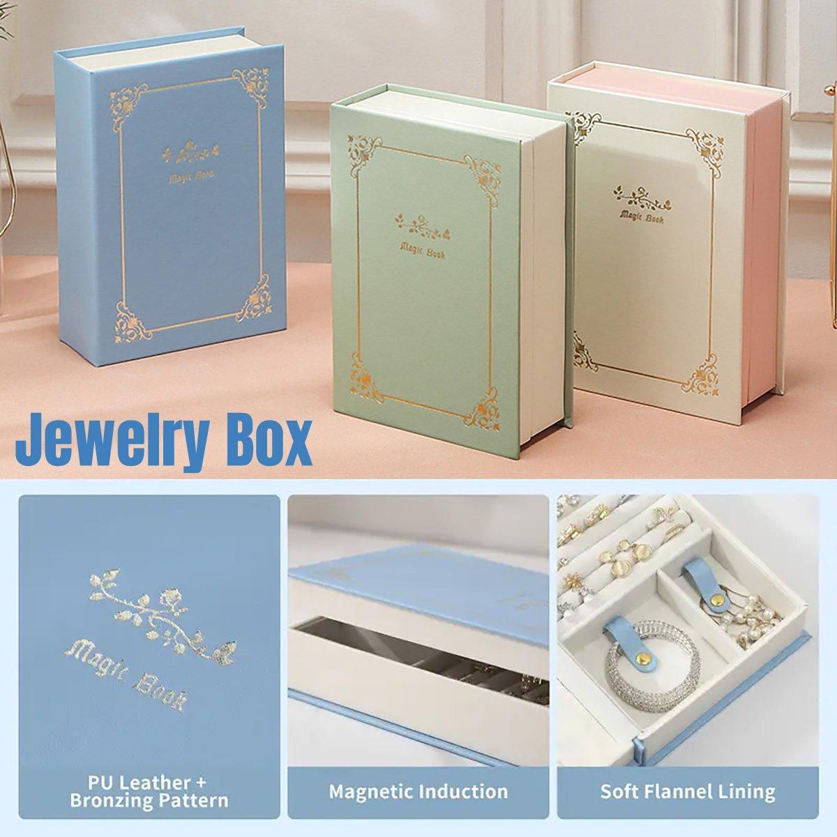 Creative PU Leather Jewelry Box Book Earrings Rings Necklace Organizer Holder - White