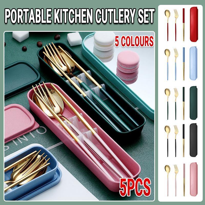 5PC Stainless Steel Portable Cutlery Set - Fork Spoon for Travel & Picnic - Black