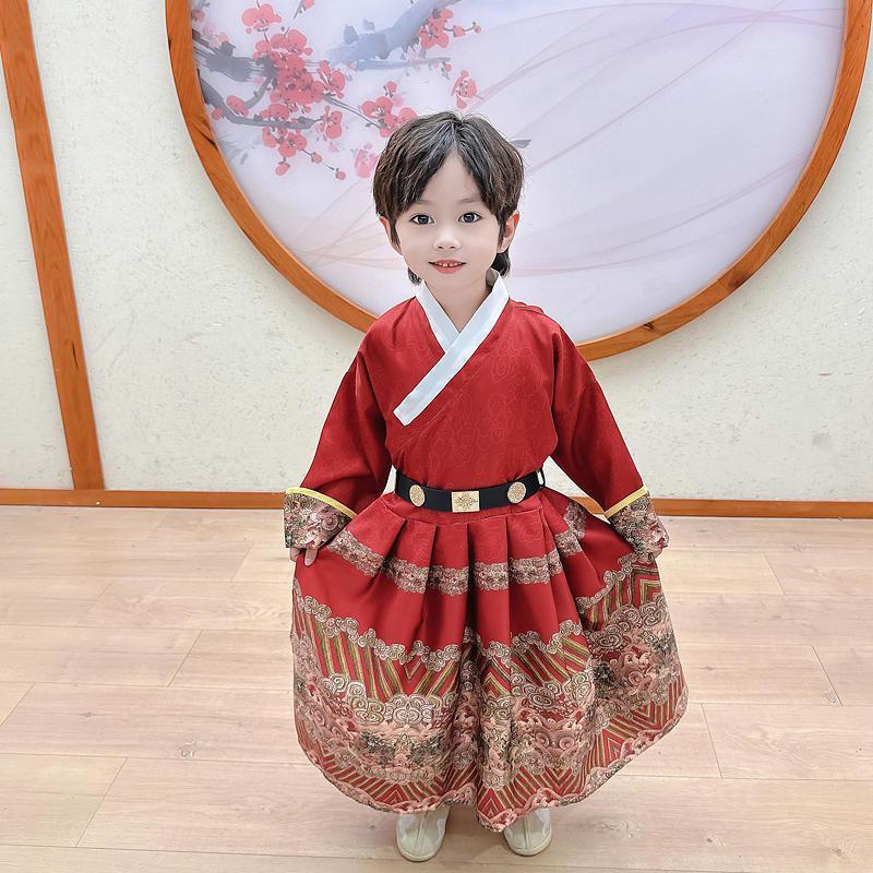 Red Hanfu Boys Girl Traditional Chinese Dress Ancient Style Performance Costume - 140CM
