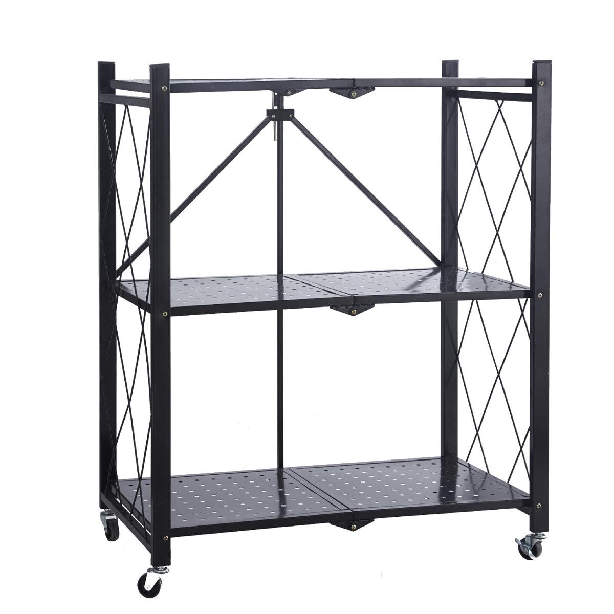 3-Tier Black Foldable Kitchen Storage Rack No-Drill Microwave Oven Shelf Stand
