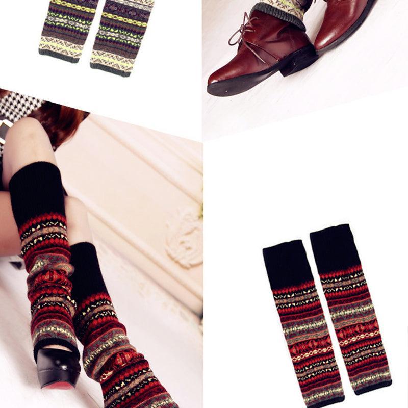 Women Ladies Winter Warm Knit Wool Leg Warmer Woolen Knee Knit Socks Leggings - Navy