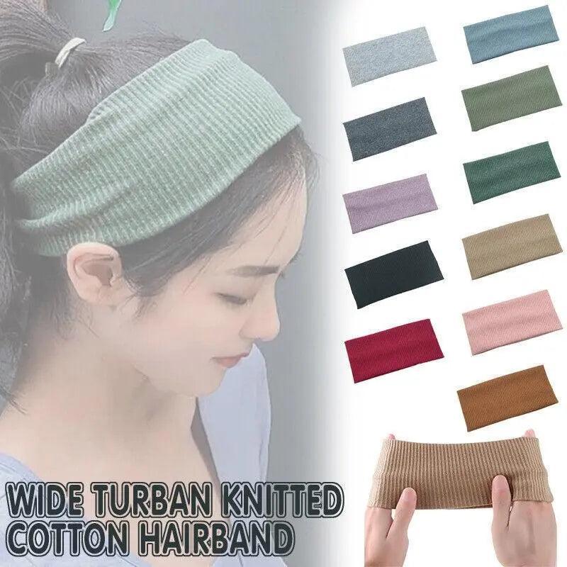 Women Headband Solid Wide Turban Knitted Cotton Hairband Girls Elastic Hair Band - Purple
