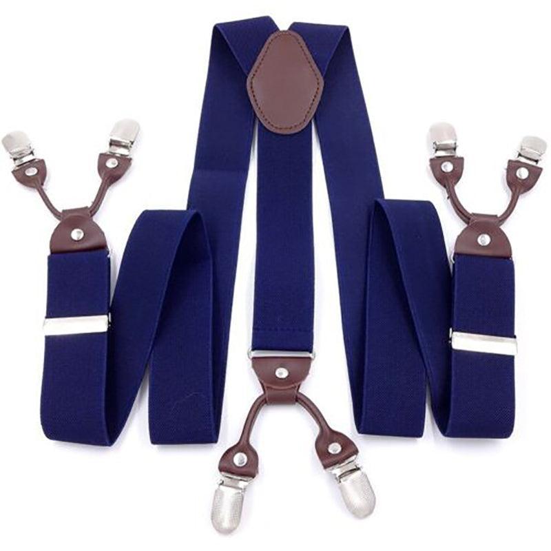 Adjustable 35mm Wide Suspenders for Men with 6 Clips Elastic Leather Braces - Wine Red