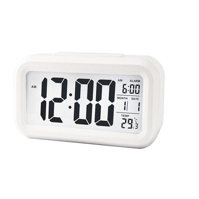 Digital Bedside Led Snooze Alarm Clock Time Temperature Day/Night Desktop Clock - White