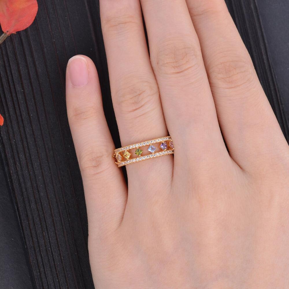 Rainbow Gold Ring Women Fashion Colorful Band Jewelry Gift 6-10 Sizes Ring - 6