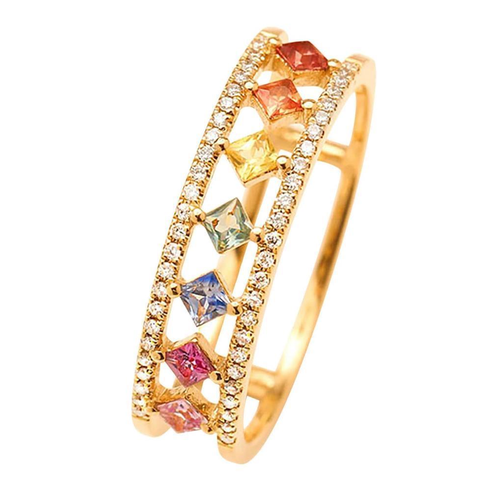 Rainbow Gold Ring Women Fashion Colorful Band Jewelry Gift 6-10 Sizes Ring - 6