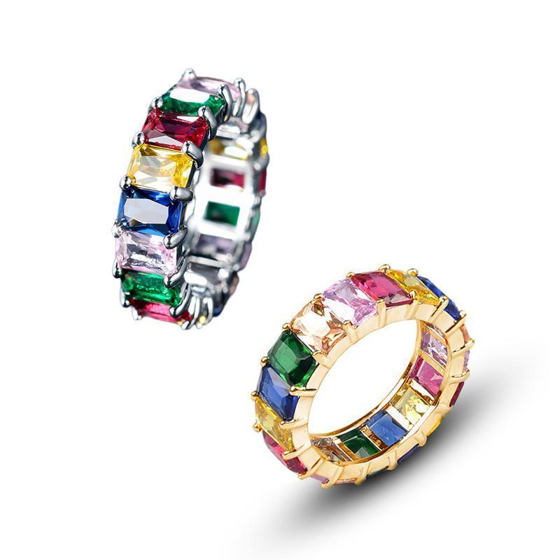 Rainbow Zircon Gemstone Ring Women's Stainless Steel Colourful Ring Size 6-10 - Gold-Multicolor-8
