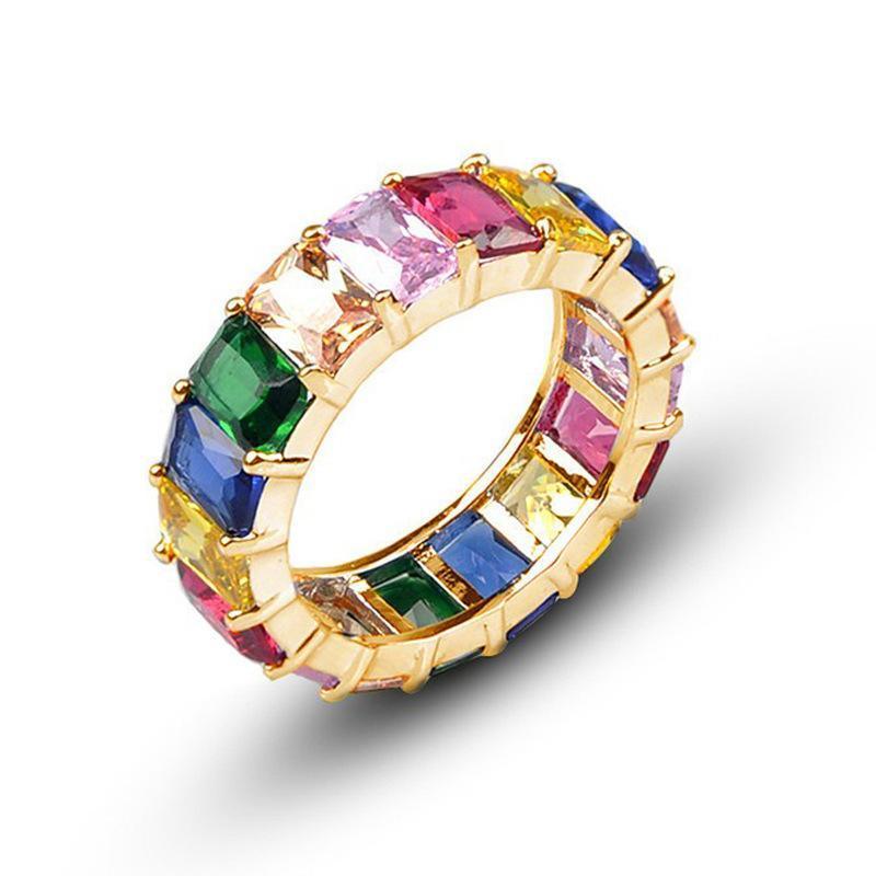 Rainbow Zircon Gemstone Ring Women's Stainless Steel Colourful Ring Size 6-10 - Silver-Multicolor-9