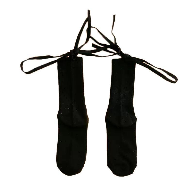 Cross-Tie Women Lolita Socks Bandage Stockings Korean Style Middle Tube Socks - Black+Black
