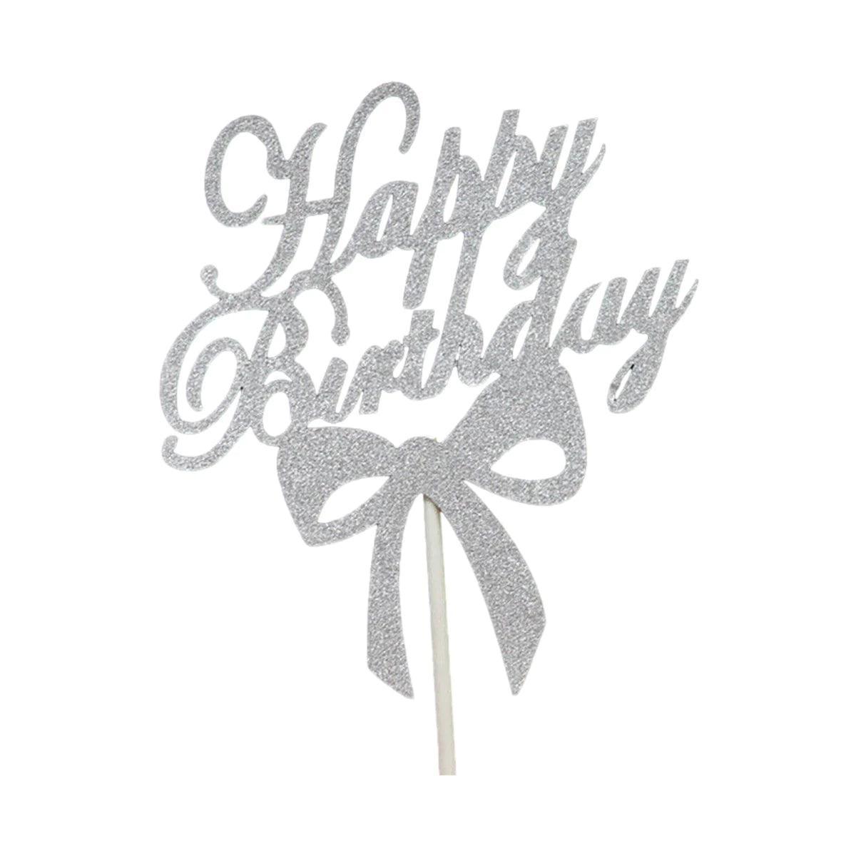 Happy Birthday Cake Topper Colour Printed Acrylic Party Decorations - Silver-Long Strip