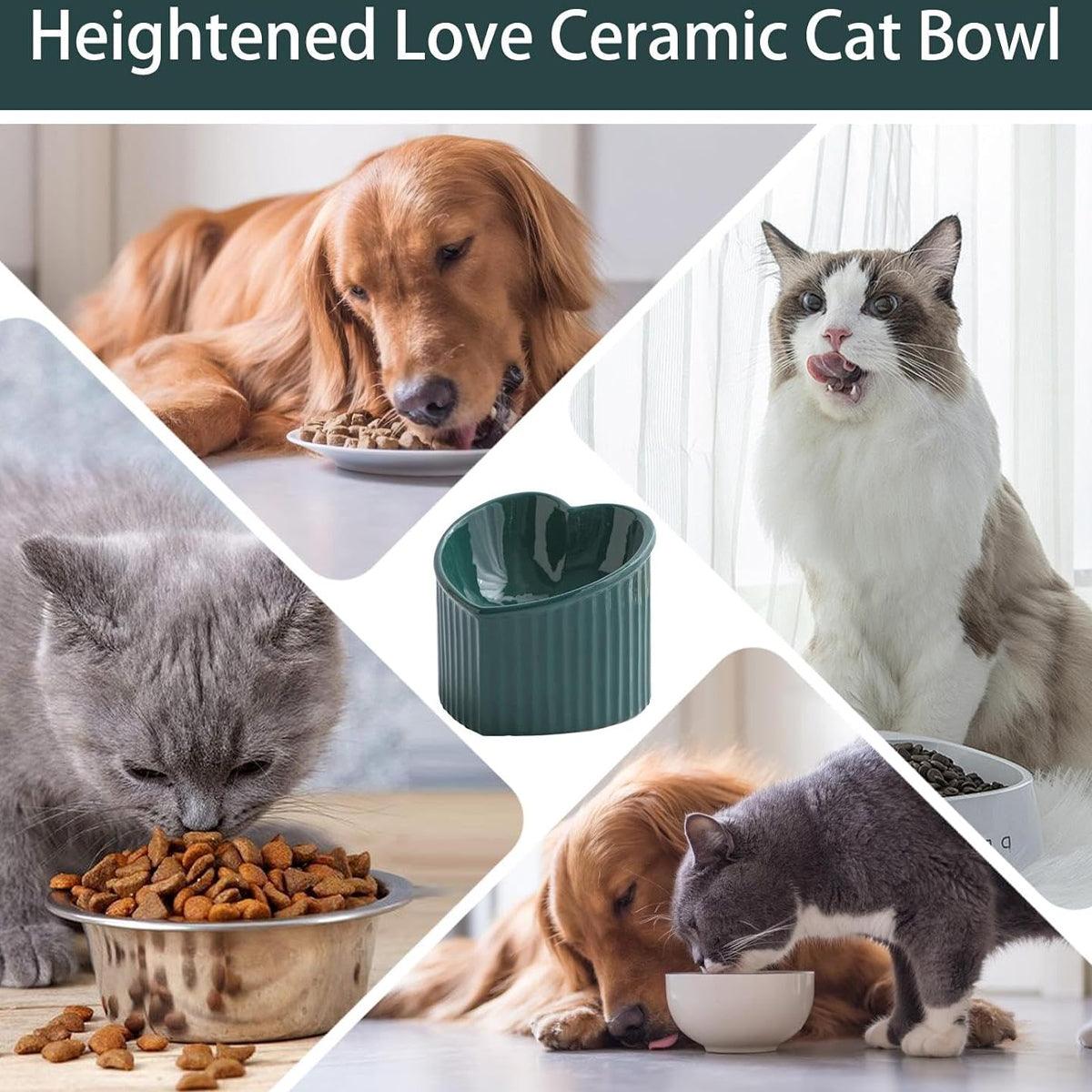 Love Shape Slanted Cat Bowl Ceramic Pet Bowl for Cats Food Water Feeding Dish - Dark Green